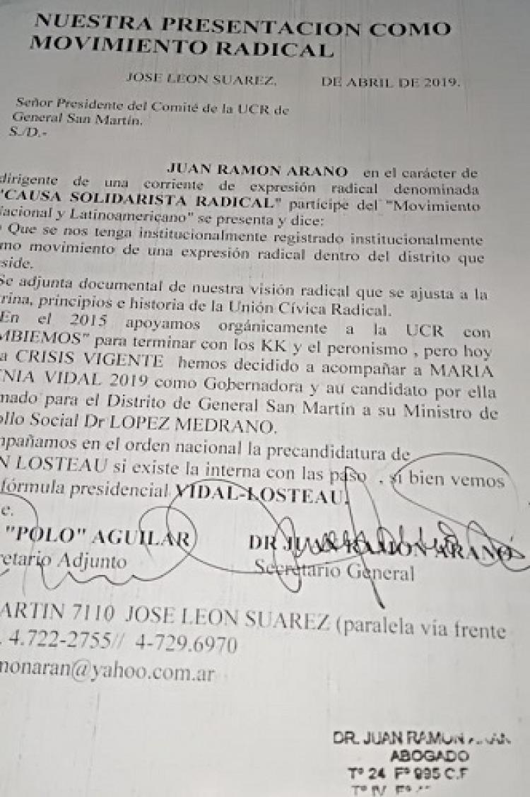 Un grupo de radicales exige la fórmula Vidal - Lousteau 